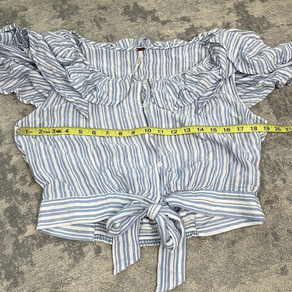 Free People The Rosemary Top Tie Waist Blouse Flutter Ruffle Blue Stripe Sz L - Picture 8 of 12